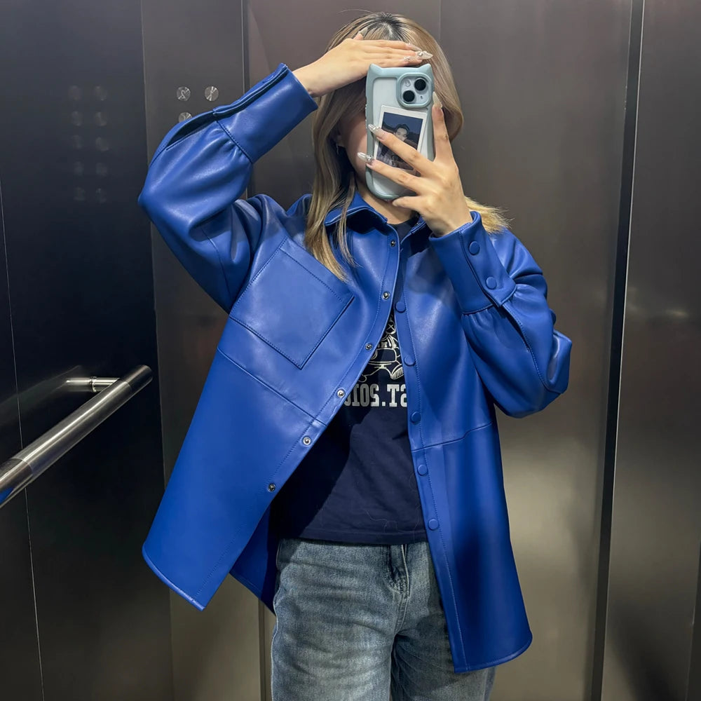 Bright Yellow Leather Shirt Women Real Sheepskin Jackets Leather Oversized Leather Jacket 2025