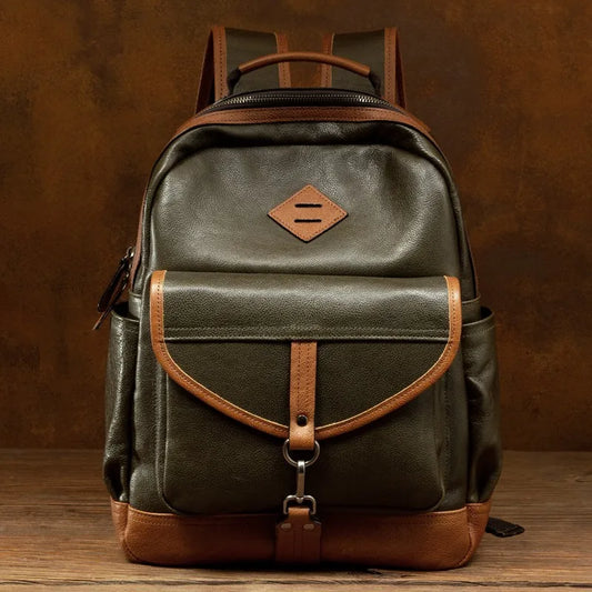 Unisex Buttery Soft Army Green Leather Backpacks - Large Capicity Bag