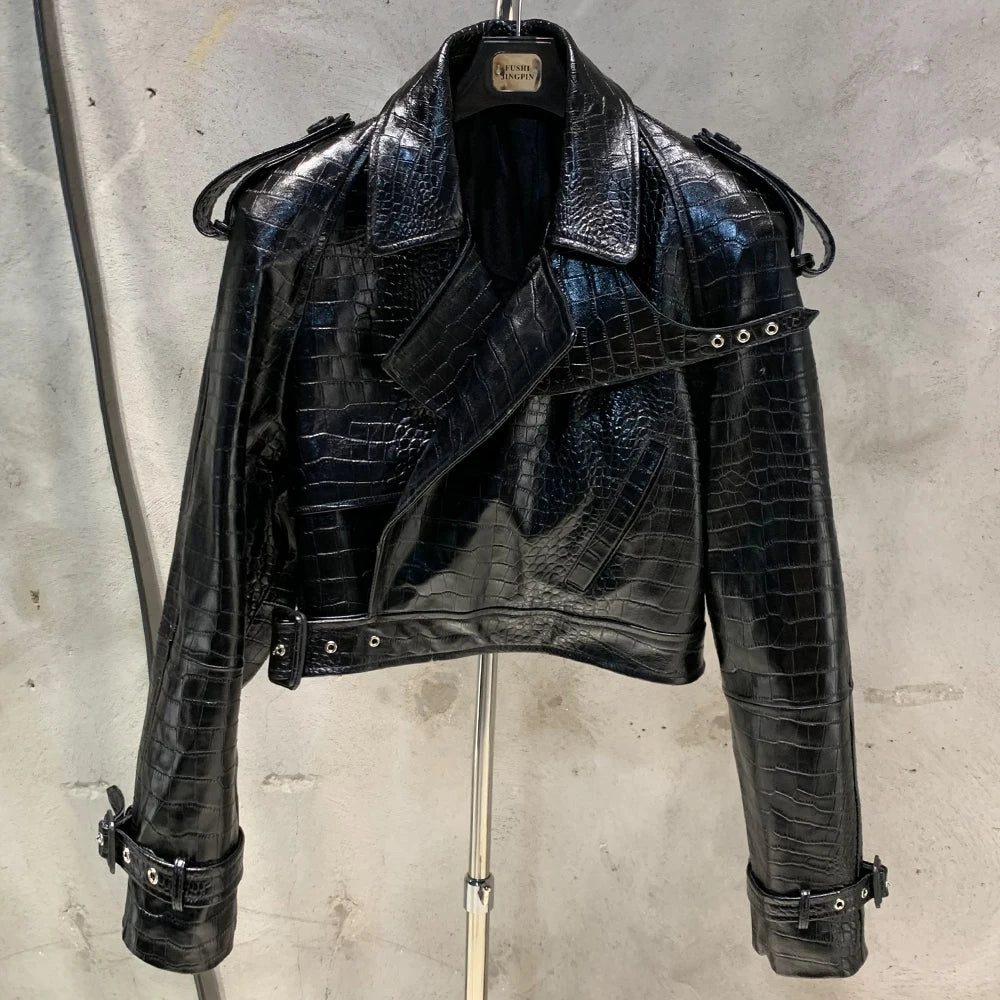 Womens Cropped Leather Biker Jacket