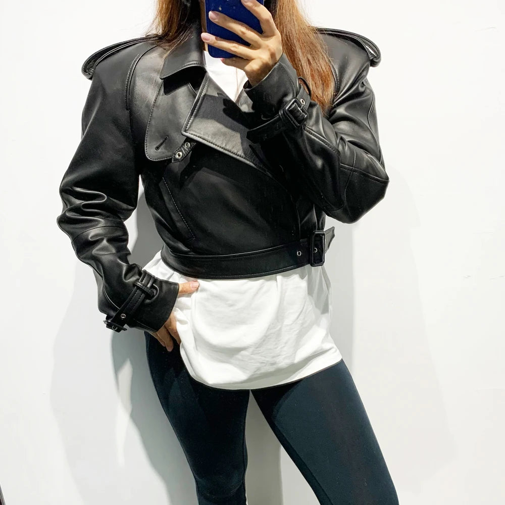 Womens Cropped Leather Biker Jacket