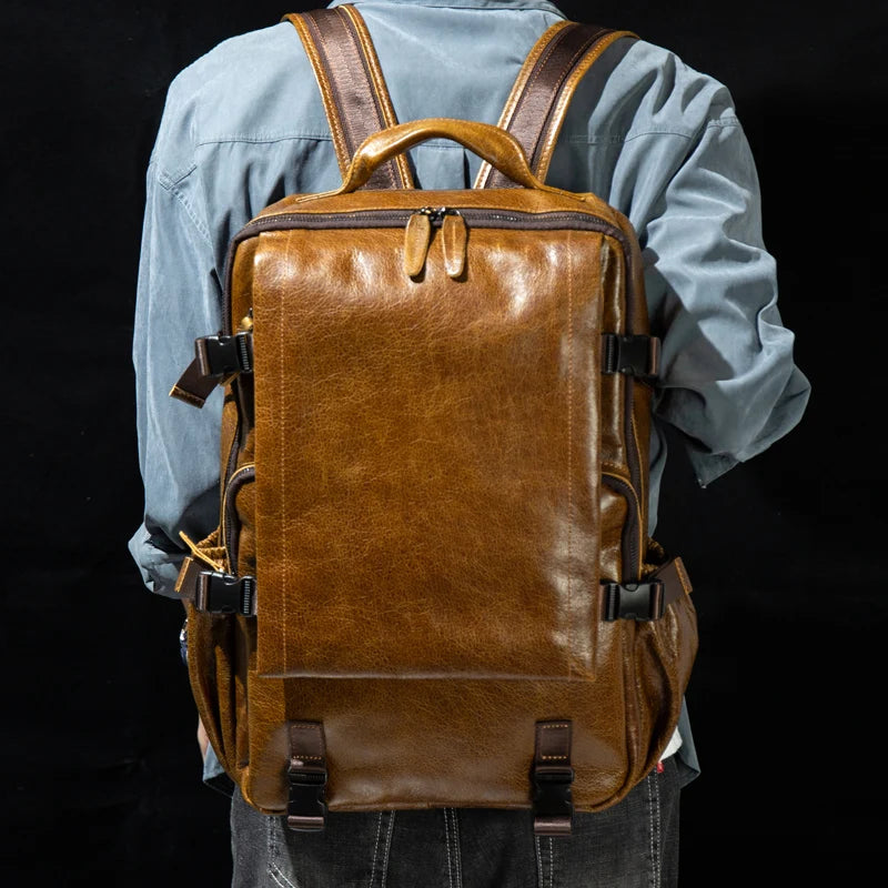 Retro Unisex Black Cowhide Travel Backpack - Large Capacity bag