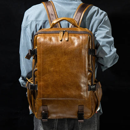 Retro Unisex Black Cowhide Travel Backpack - Large Capacity bag