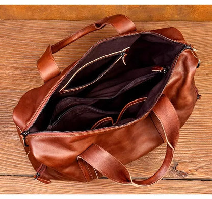 Unisex Redish Brown Leather Duffle Bag Carry On