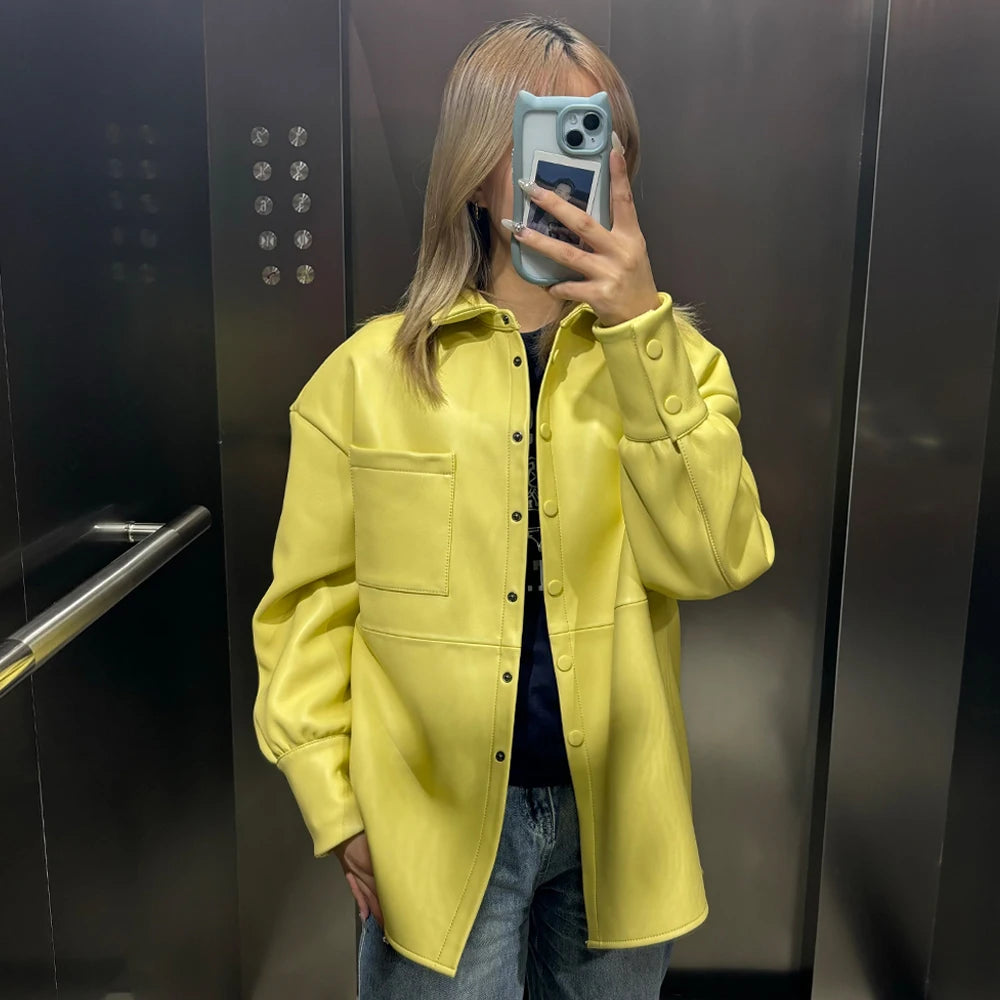 Bright Yellow Leather Shirt Women Real Sheepskin Jackets Leather Oversized Leather Jacket 2025