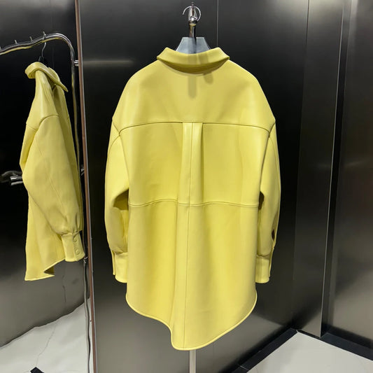 Bright Yellow Leather Shirt Women Real Sheepskin Jackets Leather Oversized Leather Jacket 2025