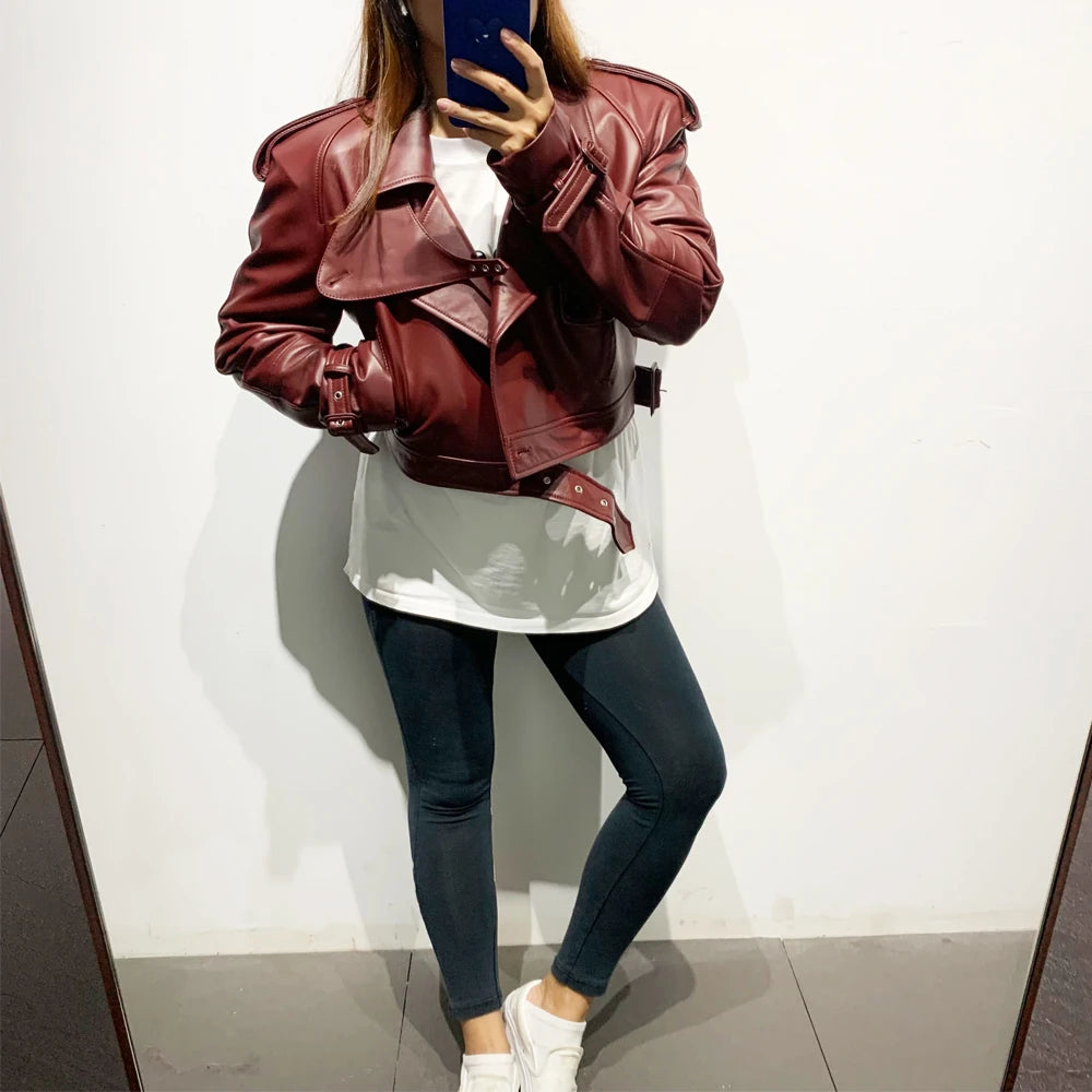 Womens Cropped Leather Biker Jacket