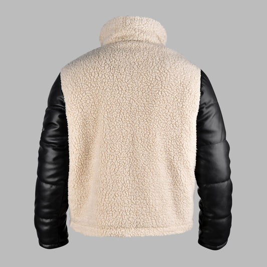 Sherpa Fleece Jacket with Black Leather Sleeves