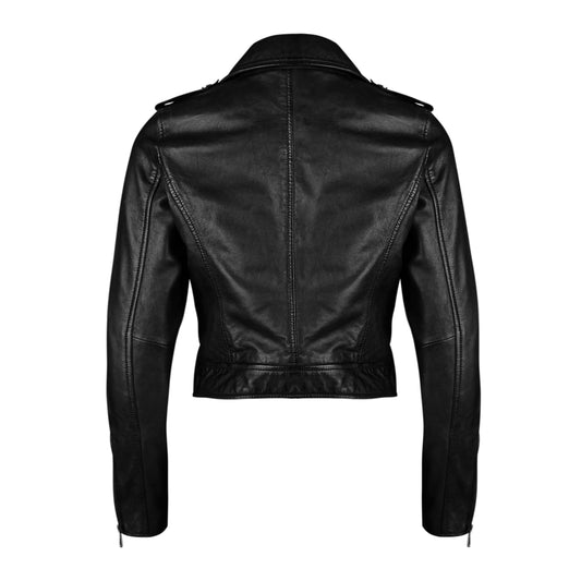 Black Cropped Biker Leather Jacket For Women