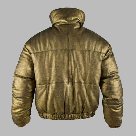 Metallic Gold Leather Jacket- Puffer Leather Jacket