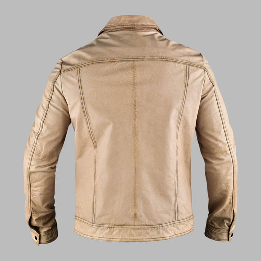 Beige Biker Leather Jacket For Men