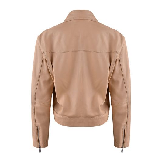 Beige Women Classic Biker Leather Jacket