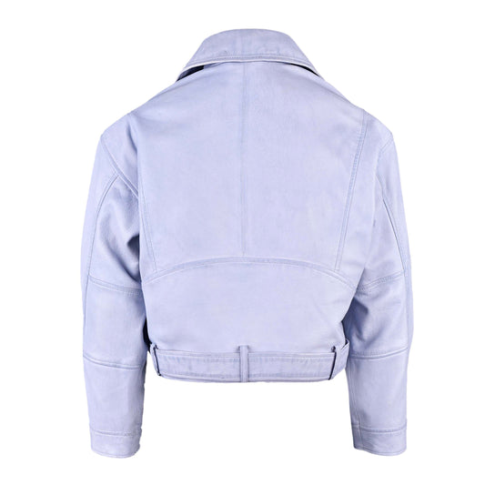 Women Blue Cropped Biker Leather Jacket