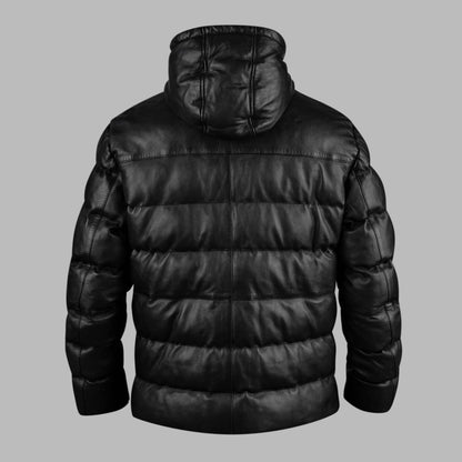 Hooded Black Down Leather jacket