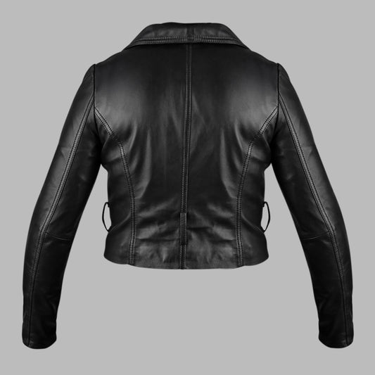 Black Cropped Leather Biker Jacket For Women