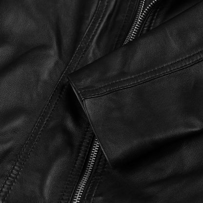 Black Cropped Leather Biker Jacket For Women