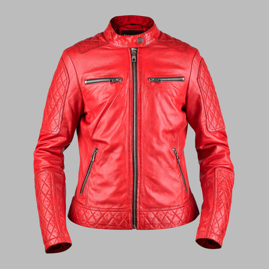 Red leather biker jacket For Womens