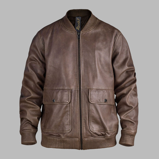 Brown Leather Bomber Jacket For Men
