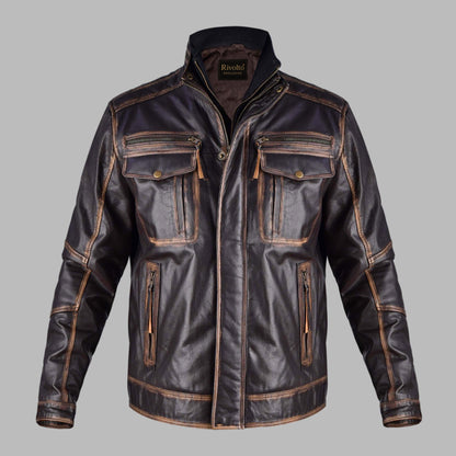 Distressed Leather Motorcycle Jacket Mens