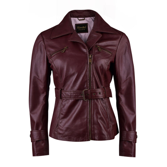 Burgundy  Long Fashion Leather Jacket For Womens