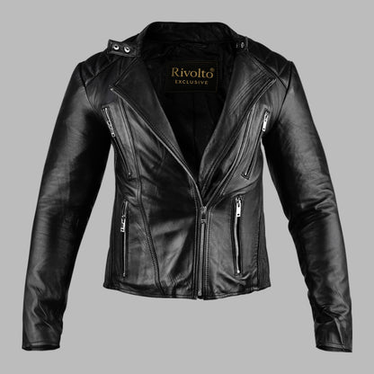 Womens Black Leather Motorcycle Riding Jacket