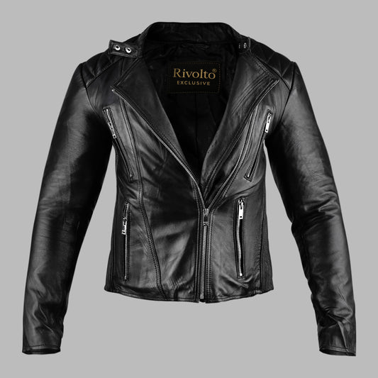 Womens Black Leather Motorcycle Riding Jacket
