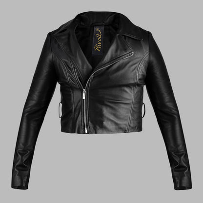 Black Cropped Leather Biker Jacket For Women