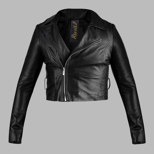 Black Cropped Leather Biker Jacket For Women