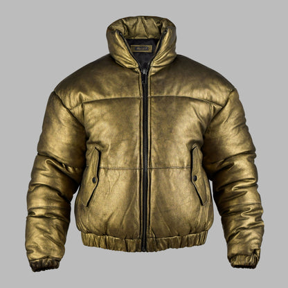 Metallic Gold Leather Jacket- Puffer Leather Jacket