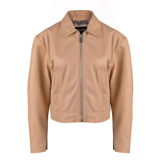 Beige Women Classic Biker Leather Jacket