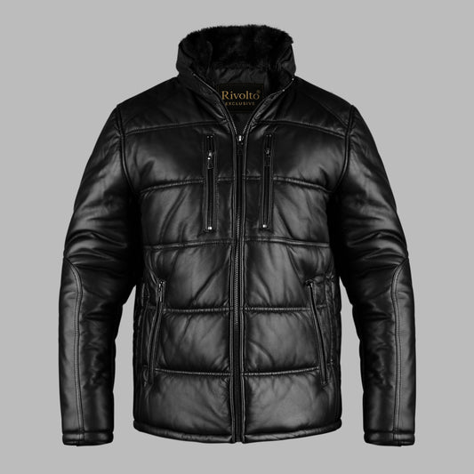 Black Puffer Leather Jacket For Womens