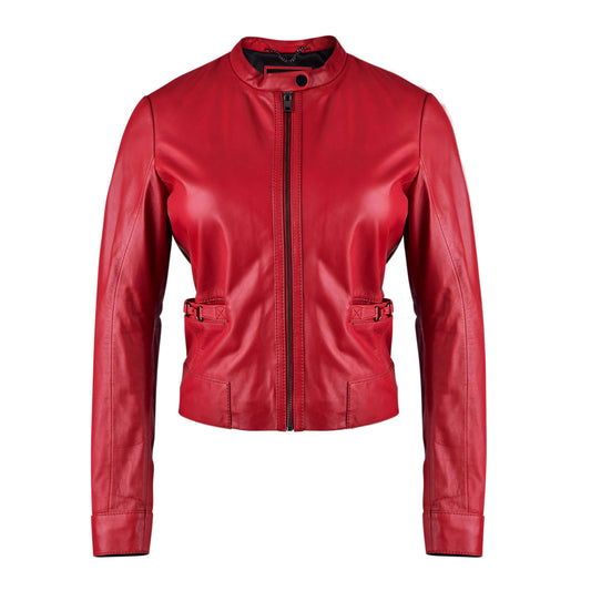 Red Classsic Biker Leather Jacket For Womens