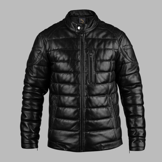 Black Puffer Motorcycle Leather Jacket