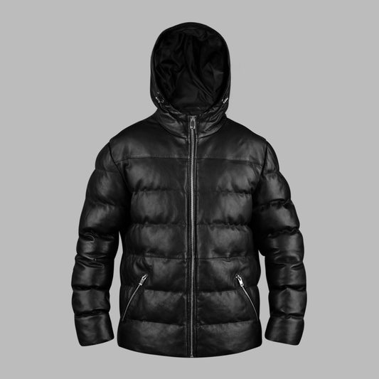 Hooded Black Down Leather jacket