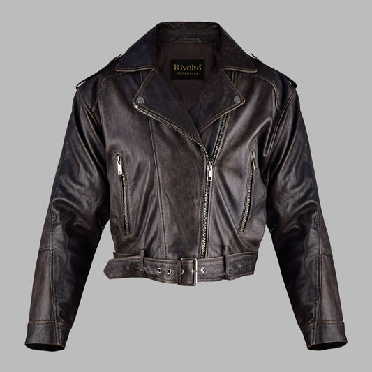 Women Brown Distressed Leather Biker Jacket