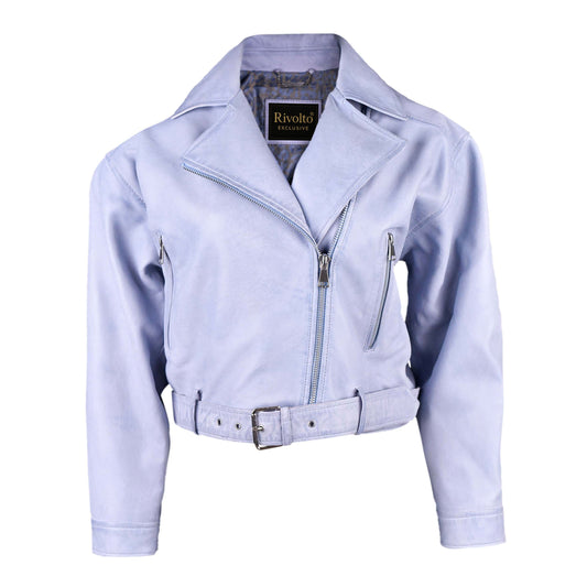 Women Blue Cropped Biker Leather Jacket