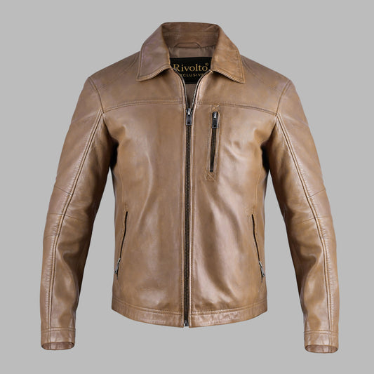 Mens Tan Brown Leather Biker Jacket