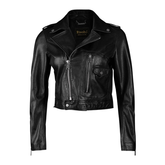 Black Cropped Biker Leather Jacket For Women