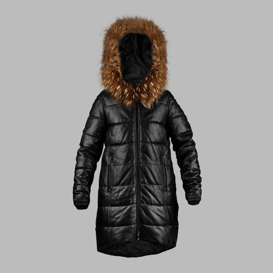 Frosted Hooded Leather Puffer Jacket - Winter Jacket