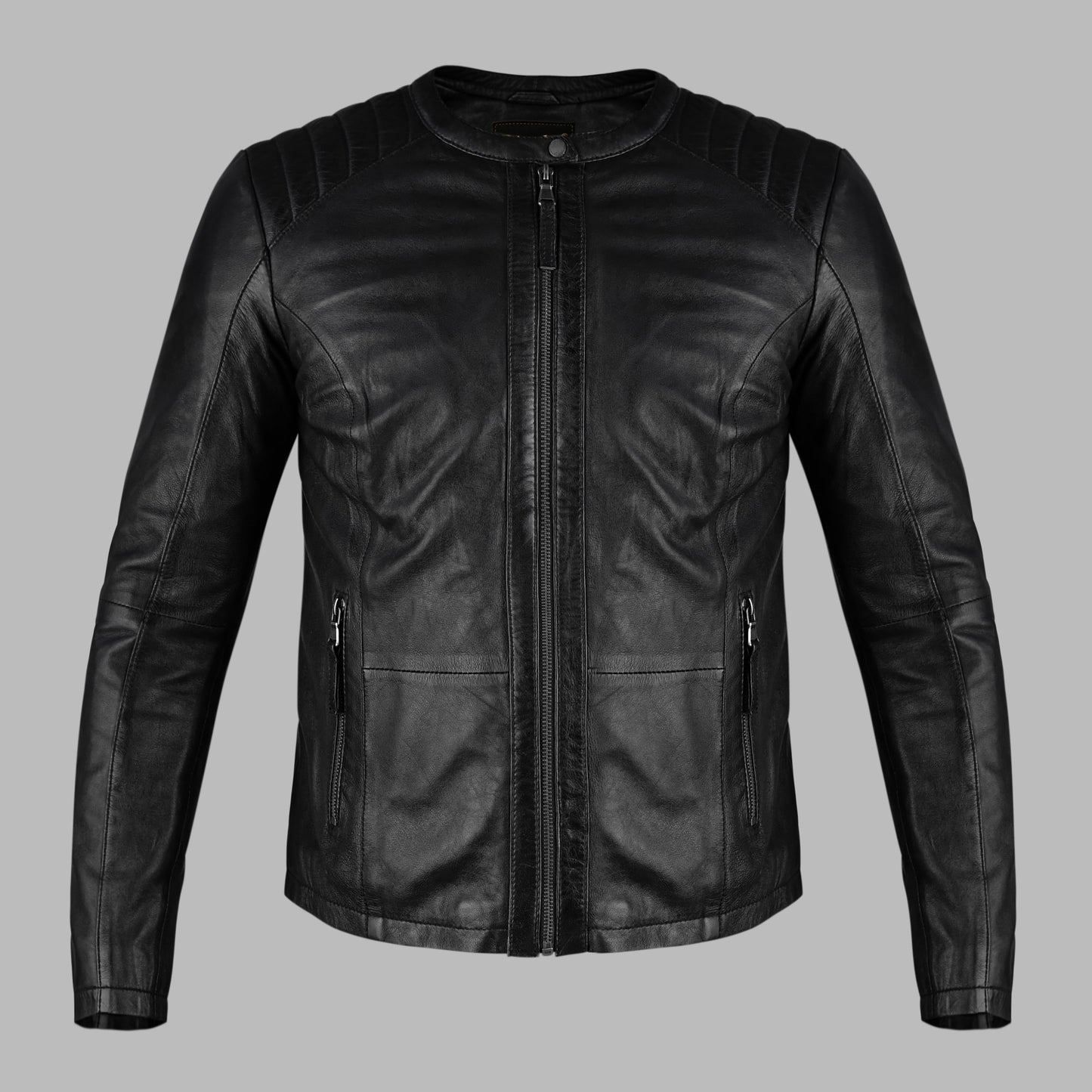 Black leather jacket on a gray background