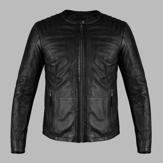 Black leather jacket on a gray background