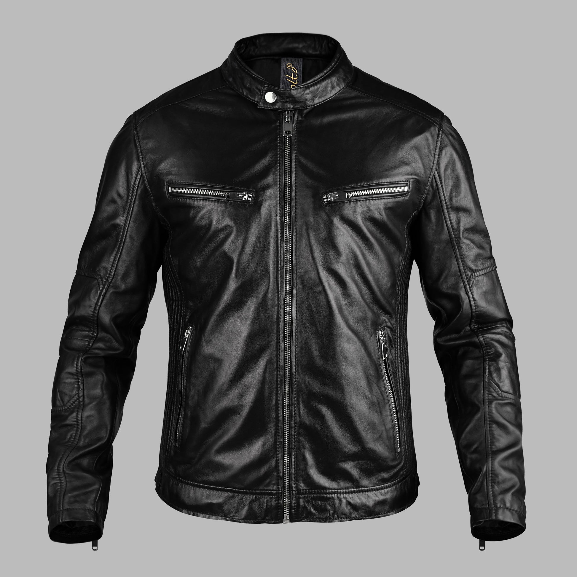 Black leather jacket on a gray background