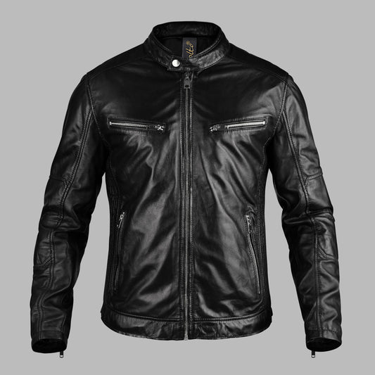 Black leather jacket on a gray background