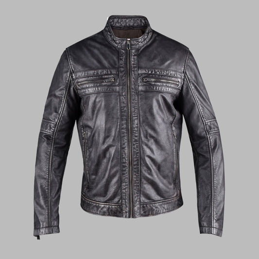 Vintage Black Leather Biker Jacket for Men