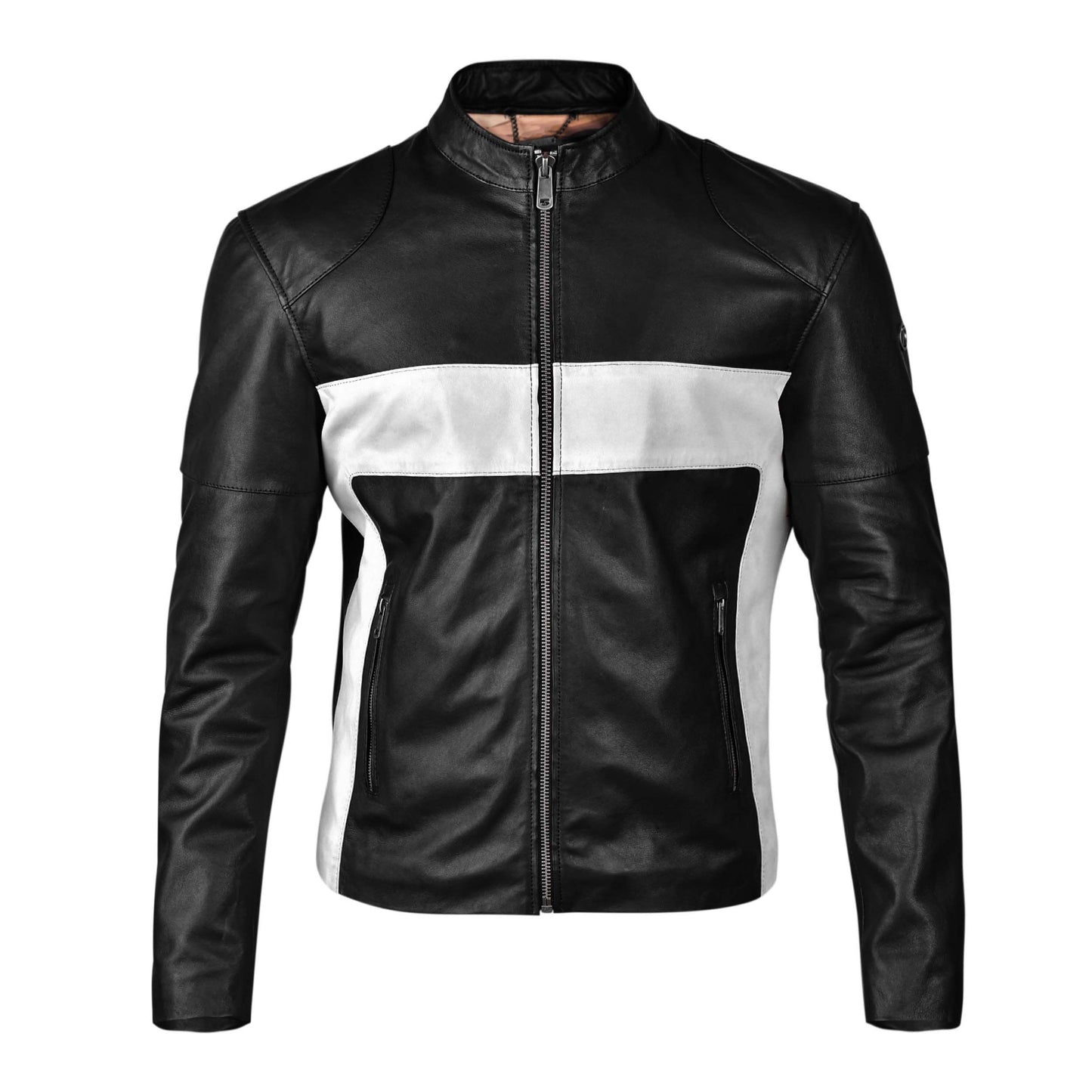 Mens Black and White Biker Leather Jacket
