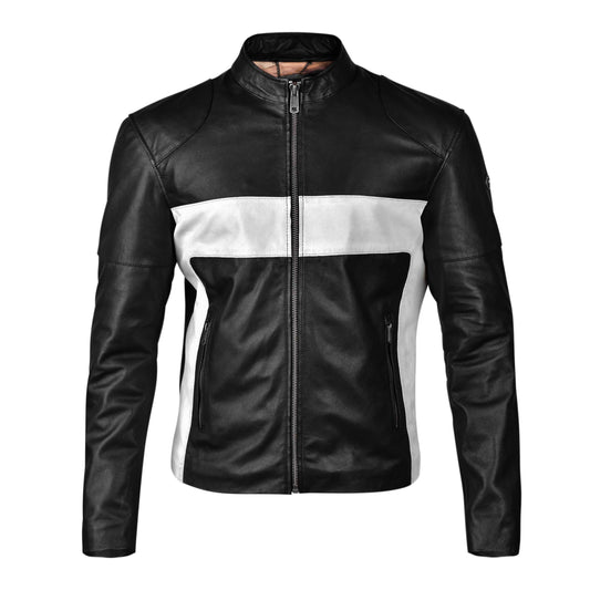 Mens Black and White Biker Leather Jacket