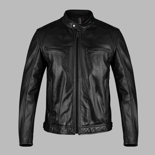 Black leather jacket on a gray background