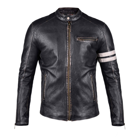Black and white  Biker Leather Jacket with Stripe