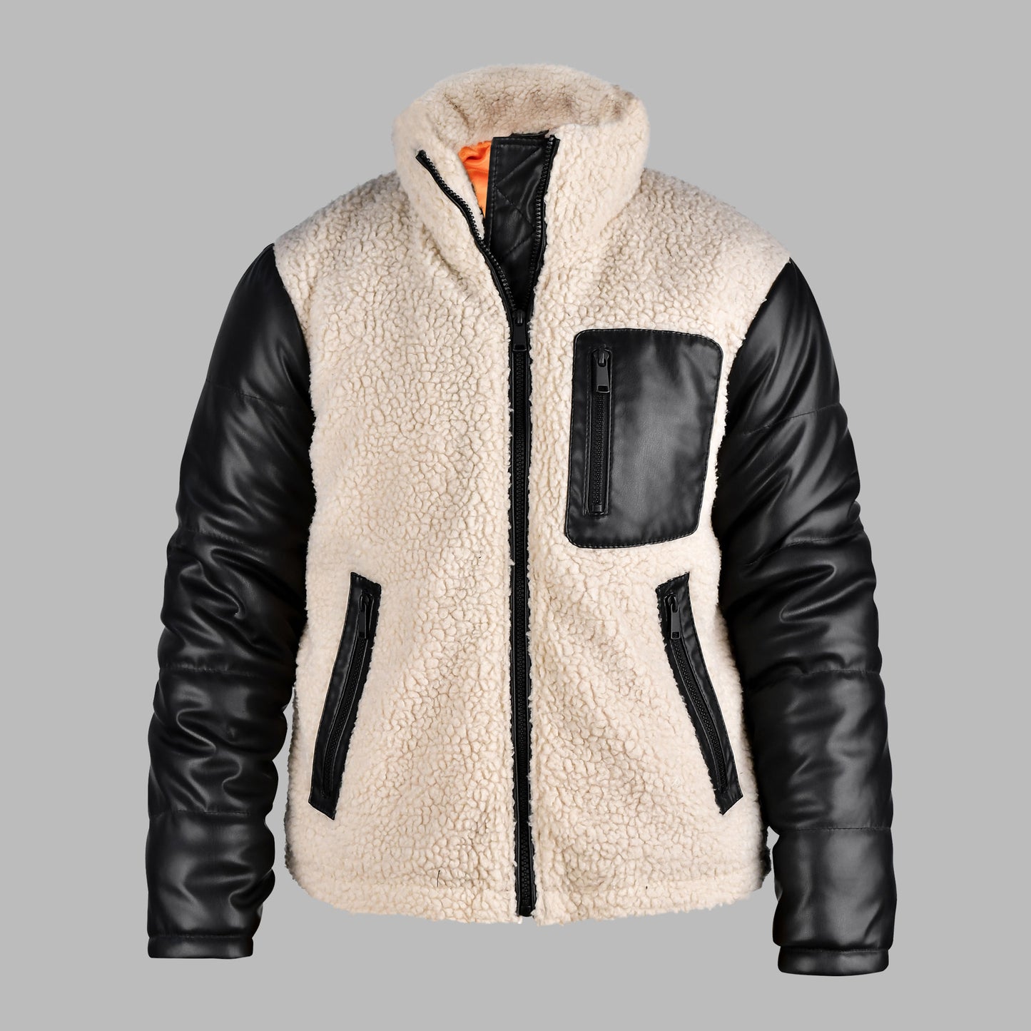 Sherpa Fleece Jacket with Black Leather Sleeves