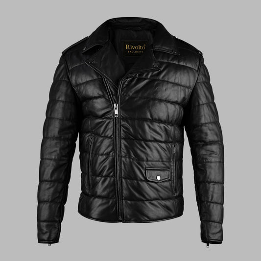 Exclusive Mens Collared Puffer Leather Jacket