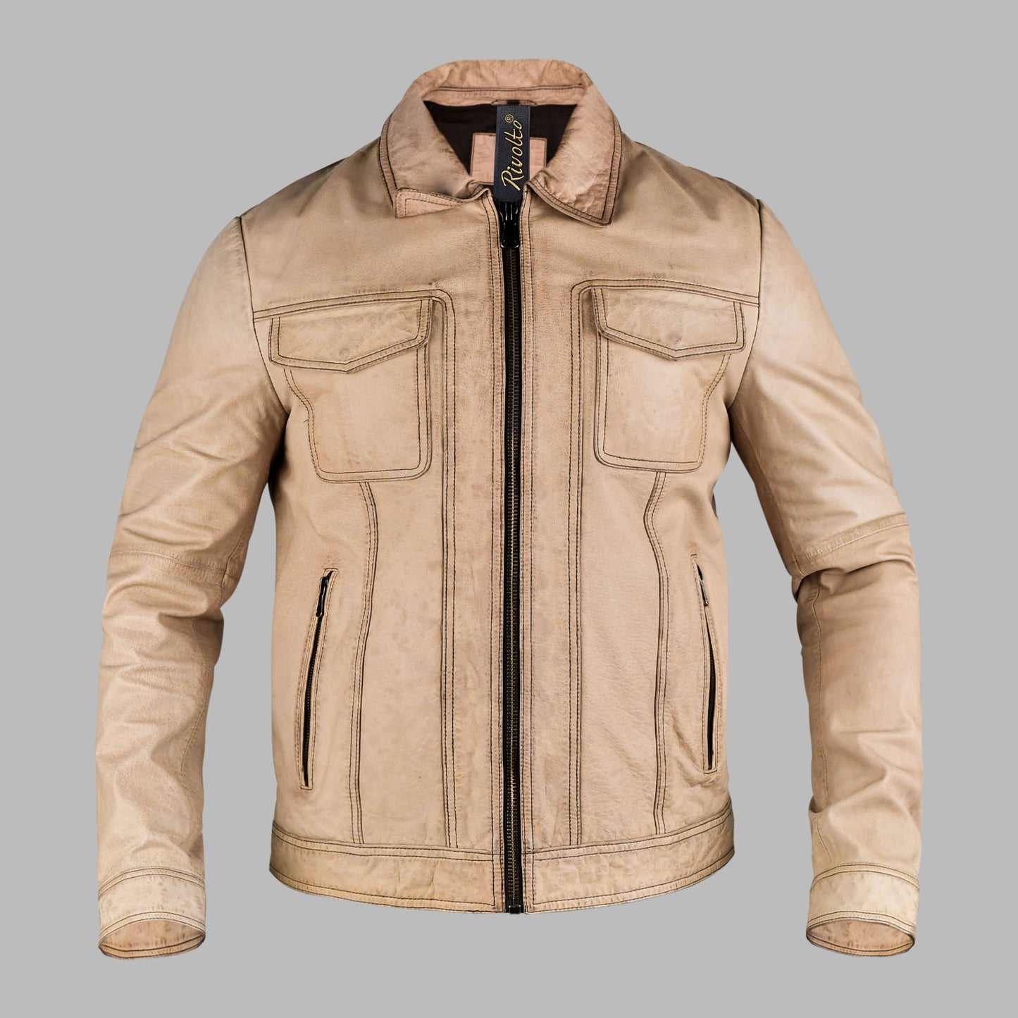 Beige Biker Leather Jacket For Men